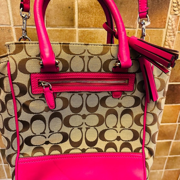 Darling Coach bag 9" H 8" W 3" A In bright pink leather & tan fabric Great cond. - Picture 4 of 7